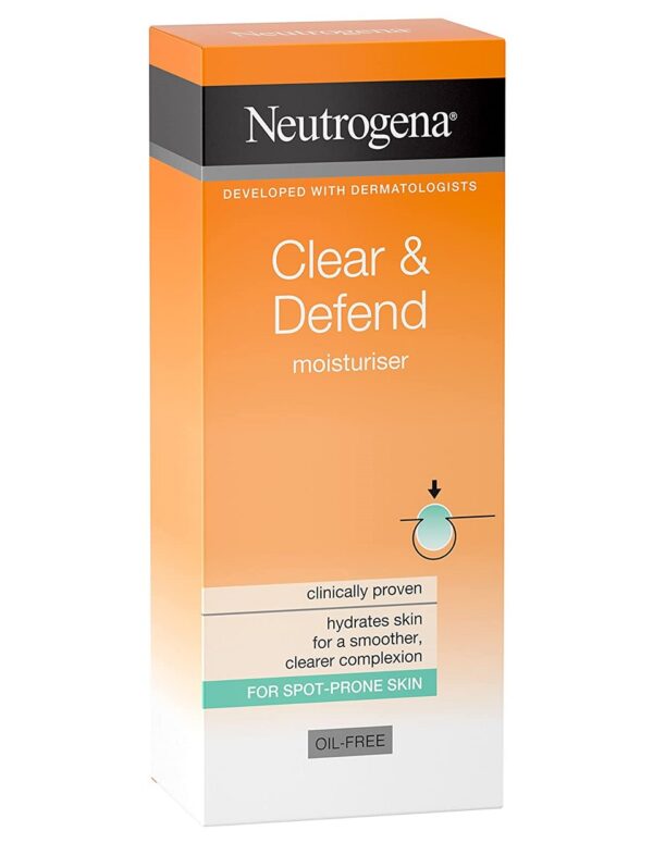 کرم مرطوب کننده پوست چرب نیتروژنا Neutrogena مدل کلیر اند دیفند CLEAR & DEFEND حجم 50 میل| Neutrogena Clear & Defend Oil-Free Moisturiser 50ml