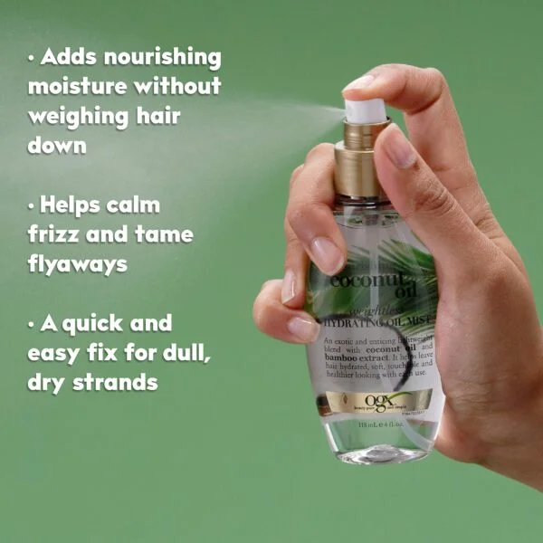 اسپری کوکونات اویل (روغن نارگیل) او جی ایکس coconut oil حجم 118 میل| OGX Nourishing + Coconut Oil Weightless Hydrating Oil Hair Mist 118ml - Image 2
