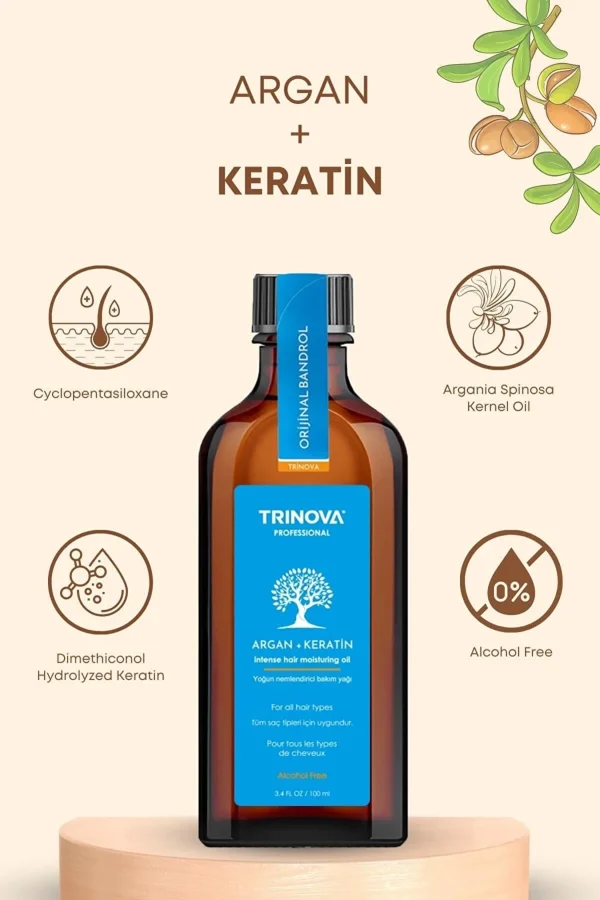 روغن آرگان و کراتین آبرسان و ترمیم کننده ترینووا TRINOVA حجم 100 میل|TRINOVA moisturizing and repairing argan oil and keratin 100ml